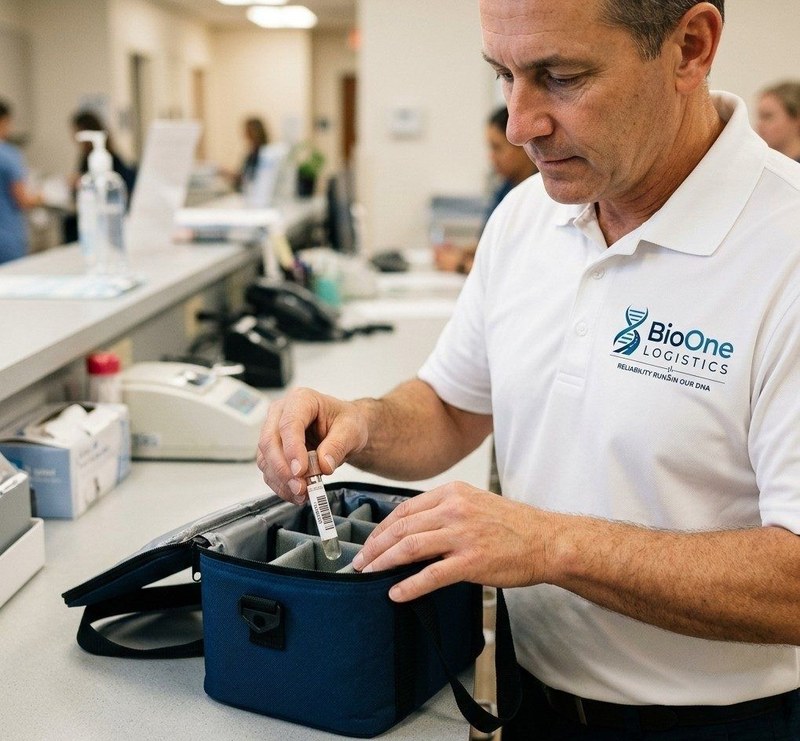 Courier packing a labeled specimen tube into an insulated bag at a front desk