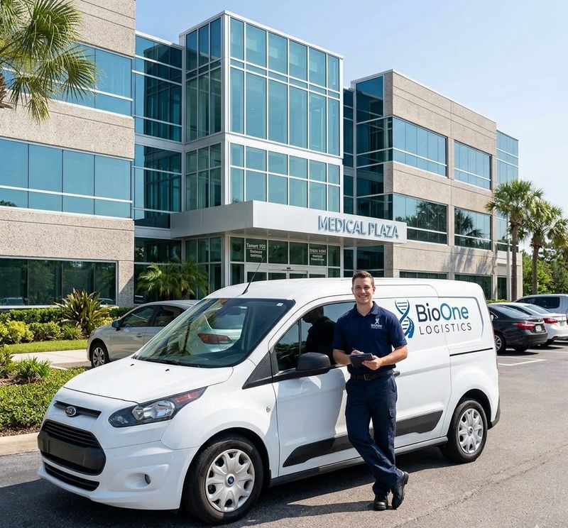 BioOne courier beside a branded van outside a medical plaza