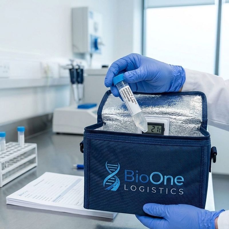 Gloved hand placing a specimen tube into a BioOne insulated bag with a temperature display
