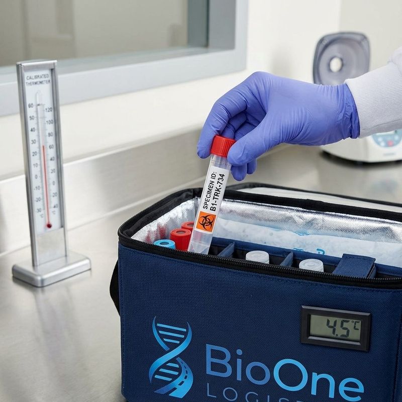 Specimen tube going into a BioOne cooler bag with a digital temperature display