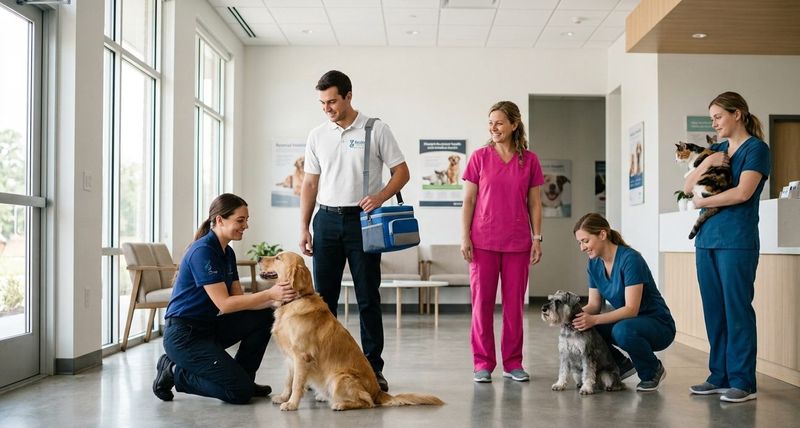 BioOne courier with a specimen bag in a veterinary clinic lobby with staff and pets